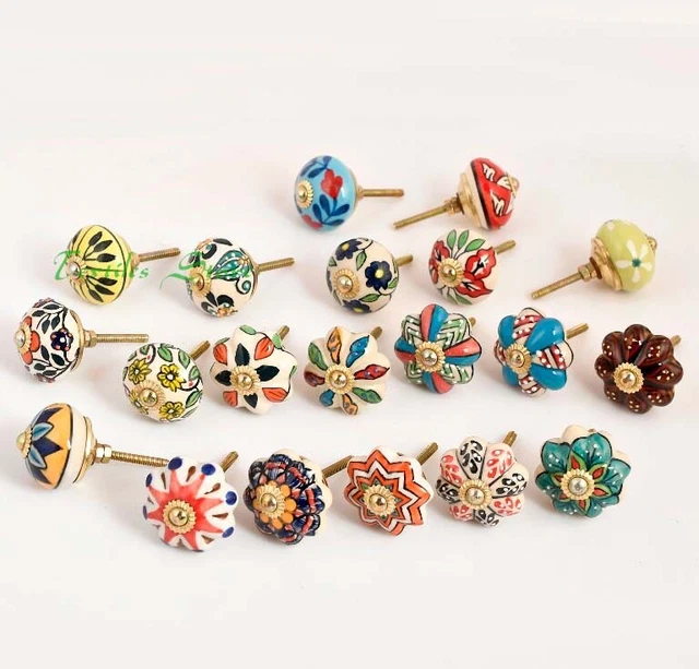 Hand Painted Lot of 10 Colorful Ceramic Cabinet Knobs Pulls Drawer Door Handles