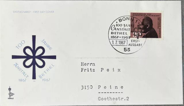 100 Jahe Anstalt Bethel 1967 Ersttagsbrief aus Nachlass 30PF