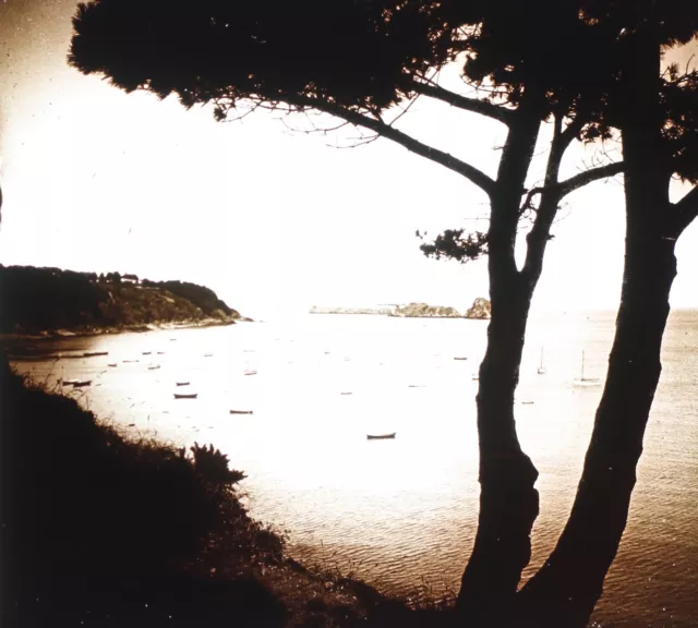 FRANCE Bretagne Cancale Bord de mer 1924 Photo Stereo Plaque de verre Vintage 