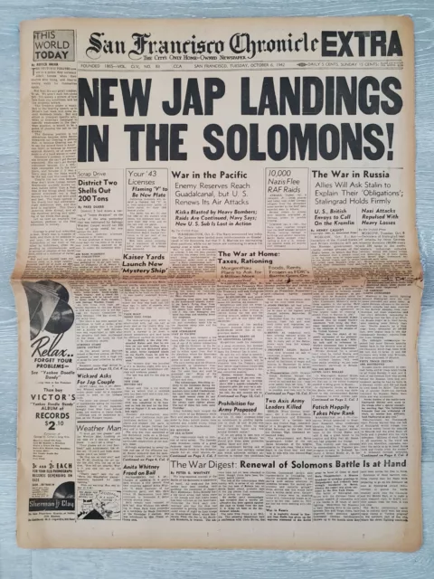 Vintage San Francisco Chronicle Extra October 6 1942- Japanese Landings in Solom