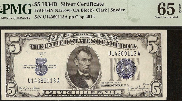 Unc 1934D $5 Bill Narrow Silver Certificate Blue Seal Note Money Pmg 65 Epq