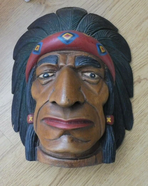 Superbe Statue,Tete,Portrait,Chef Indien D'amerique,Coiffe Plumes ,Bois Sculpte