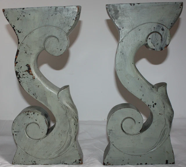 French Antique Salvaged Hand Carved Wood Posts Pillars Volute Old Green Patina