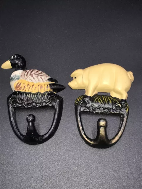 2 Vintage Hand painted Cast Iron Pig And Duck Wall Coat Keys Hat Hooks