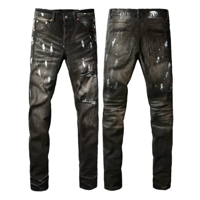 New Pop Purple Brand Men's Pants Splash-ink Ripped Skinny Black Jeans PB9030A