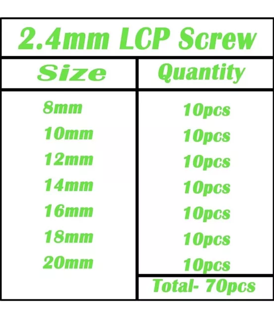 Tornillo LCP veterinario de 2,4 mm, paquete de 70 piezas de acero inoxidable. 2
