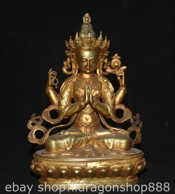 8.2" Old Chinese Copper Gilt Buddhism Four arm Guan Yin Goddess Statue
