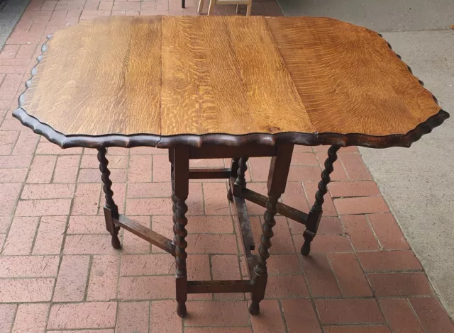 Antique English Table Drop Leaf Gate Leg Pie Crust Edge Oak Barley Twist Table 2