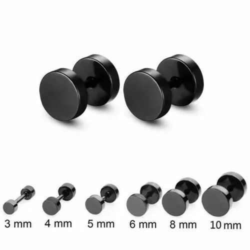 1 Pair Black Flat Round Barbell Plug Stud Earring Stainless Steel Men 3-10mm