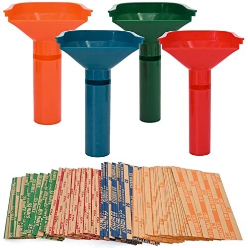 150 Assorted Flat Striped Coin Wrappers & 4 Coin Sorters Tubes, Color