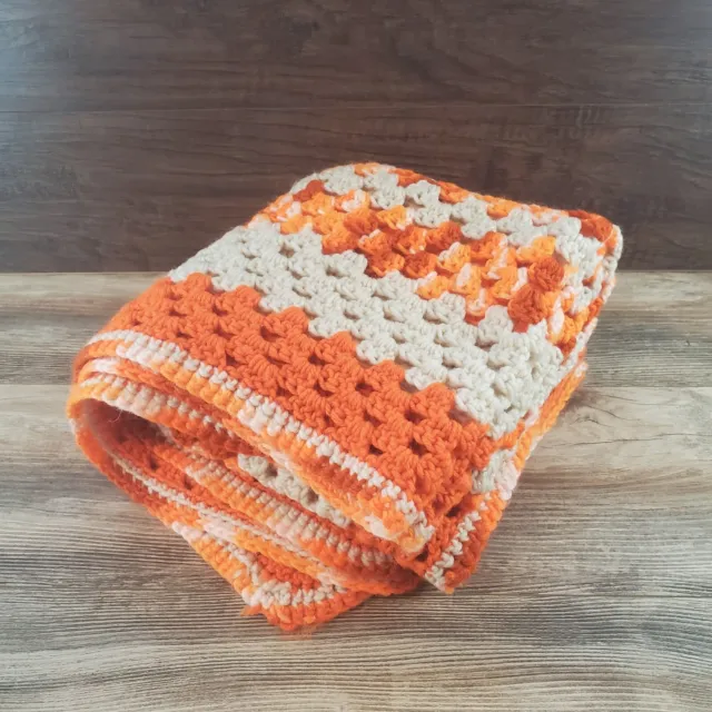 Handmade Afghan Lap Throw Crochet Blanket Orange Tan 42" 42" Square  Boho Retro