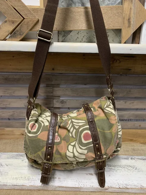 Fossil Cotton Canvas Crossbody Messenger Bag Purse Adjustable Strap -Green Brown