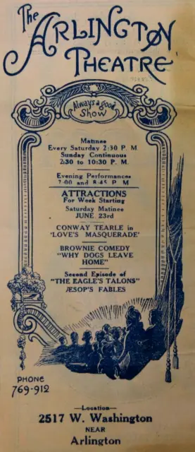 Vintage Silent Film Arlington Movie Theater Program Los Angeles CA 1923