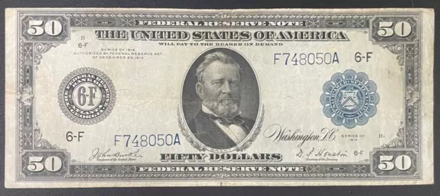 1914 $50 Federal Reserve Note Atlanta, Blue Seal FR# 1046, Very Fine+ Note 1914 $50 Federal Reserve Note Atlanta, Blue Seal FR# 1046, Very Fine+ Note