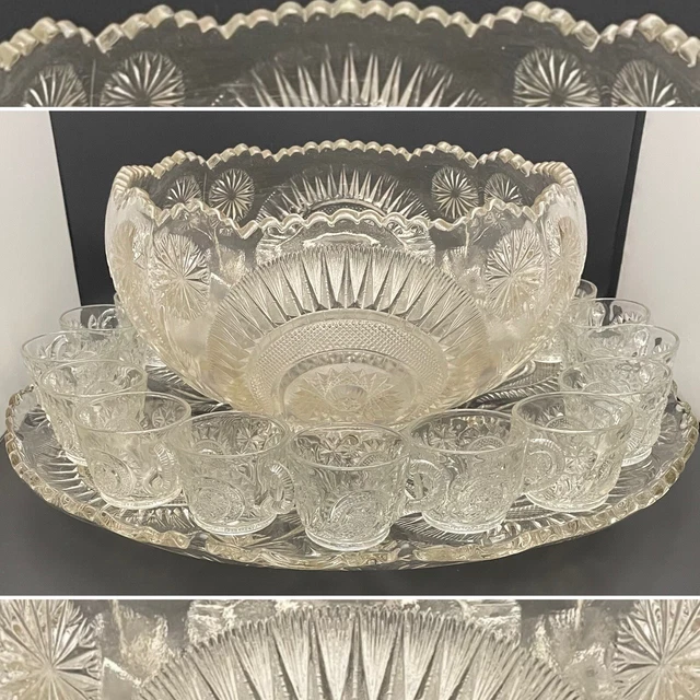 U.S. GLASS EAPG Peacock 15111 aka Radiant Daisy XL Punch Bowl 20pc Set
