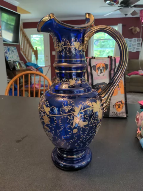 VTG 14" Bohemian Czech Cobalt Blue Glass Ewer Pitcher Gold Gilt Hand Painted