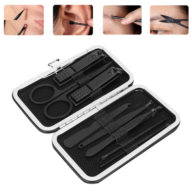 (Negro) 8 piezas Juego de herramientas de manicura para cortadoras de uñas Kit de agujas con estuche