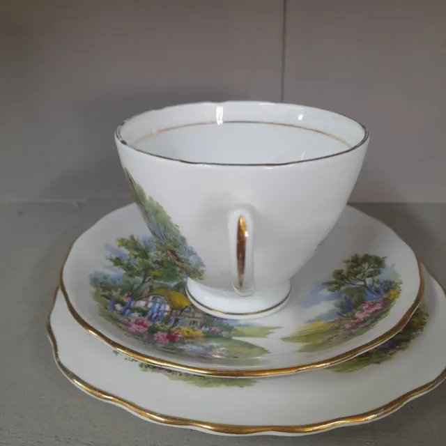 Vintage Royal Vale Country Cottage Bone China Tea Trio Set Cup Saucer Plate 2