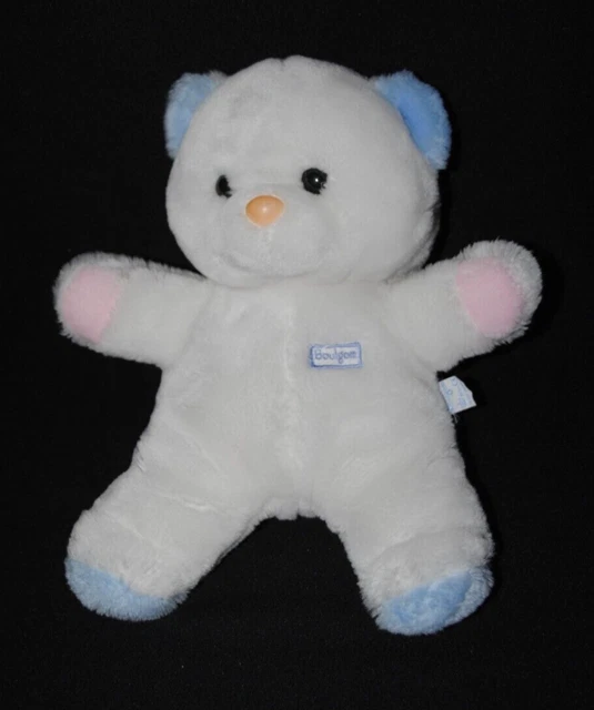 Peluche doudou ours BOULGOM blanc rose bleu yeux nez durs 30 cm TTBE