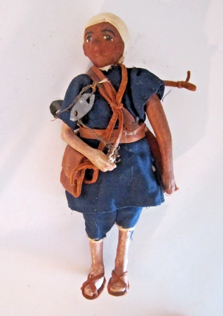ANTIQUE LEATHER & WOOD MOROCCAN RARE SOLDIER  DOLL 8" tall