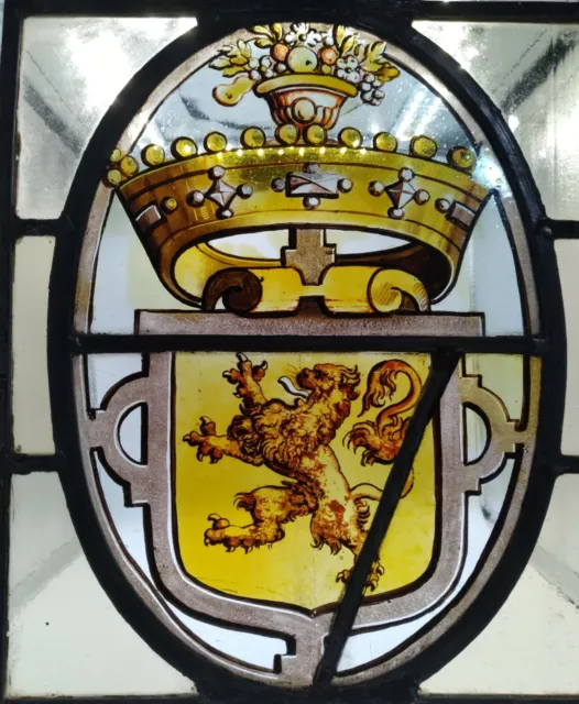 "LION & CROWN" A RARE MUSEUM QUALITY  17th C FLEMISH STAINED GLASS WINDOW PANEL