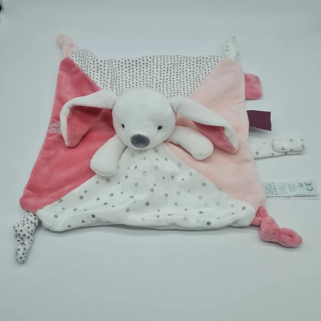 16 - Doudou Obaibi Okaidi Lapin Plat Blanc Rose Etoile Gris Attache Tetine Neuf