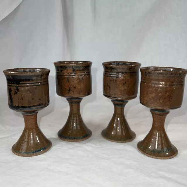 4 Studio Art Pottery chalice Wine Glasses Goblets Stoneware Handmade 5”