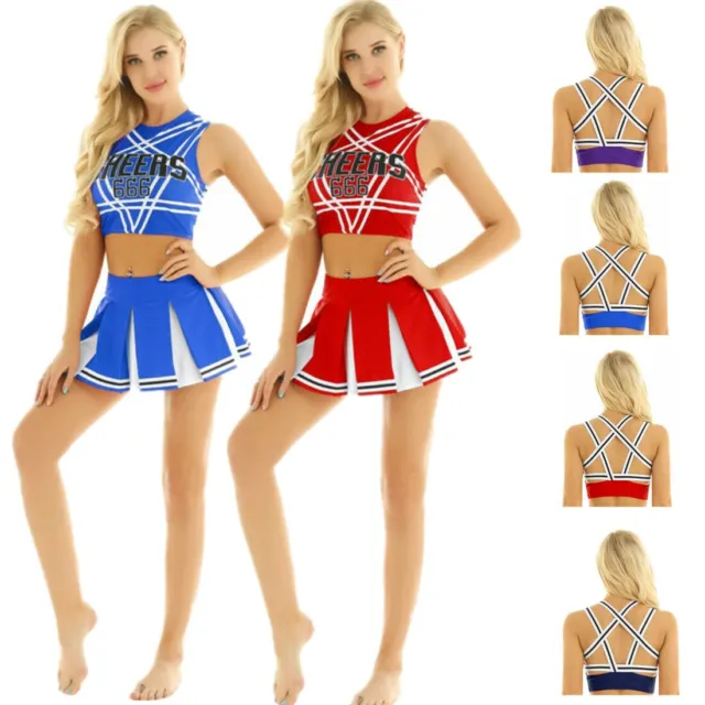 US Womens Cheerleading School Girl Cosplay Costume Crop Tops+Skirt Lingerie Sexy