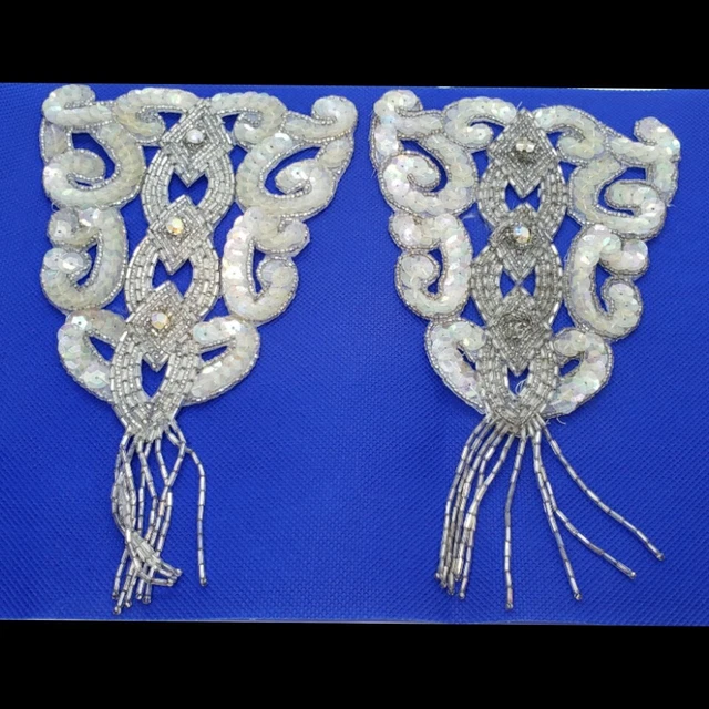 Vintage Appliques Patch Sequins Glass Beaded Hand Sewn 2 Pc Large Bridal