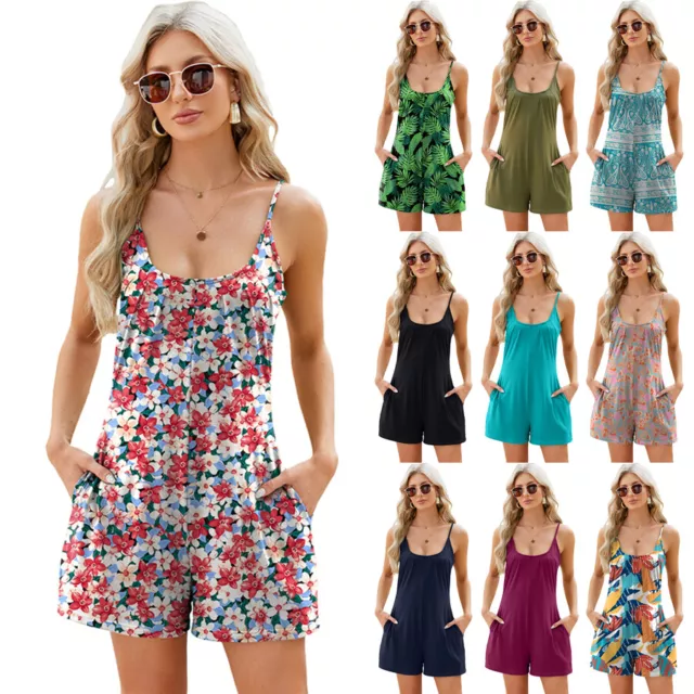 Ladies Casual Holiday Jumpsuit Boho Romper Wide Leg Loose Shorts Playsuit Floral