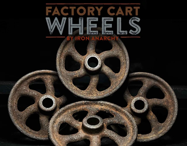 ANTIQUE INDUSTRIAL WHEELS, Vtg Small Ornate Metal Spoke Factory Cart Cast Iron