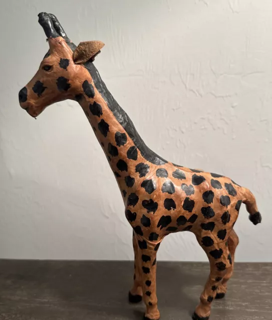 Vintage Leather Wrapped Giraffe Figurine Statue Hand Painted Africa Safari 10"