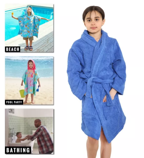 Kids Childrens 100% Cotton Bathrobe Terry Towelling Hooded Bath Robe Gown 7 - 13