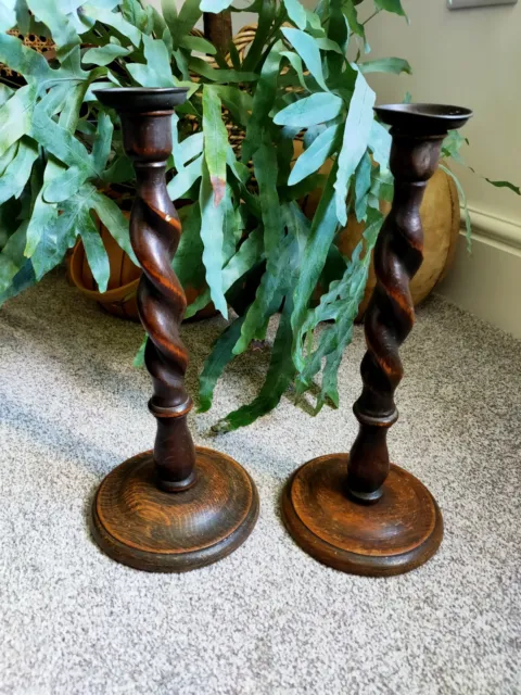 Pair of Antique Vintage Oak & Brass Barley Twist Tall Wooden Candlestick 31.5cm