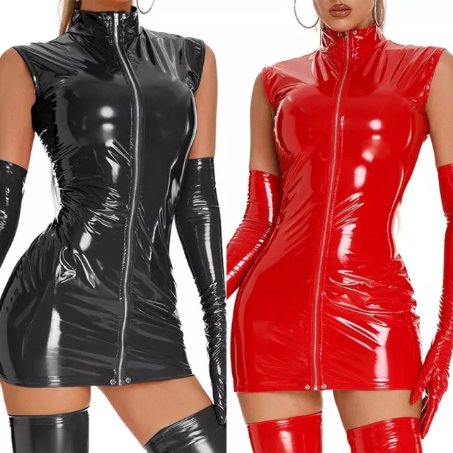 Donna Pvc-Wet Look Lucido Pelle senza Maniche Zip Tubino Festa Vestito Clubwear