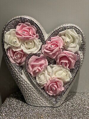 Silver Double Heart Sparkle Bling Ornament Crushed Diamond With Roses Valentines