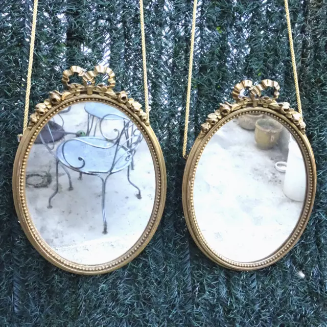 paire de Miroir Encadré Ovale Noeud Ancien Bois Doré Style Louis XVI