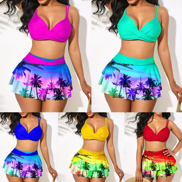 Womens Costume Swimsuit Set Bikini Beachwear High Waist Holiday Floral Ruffled ▷