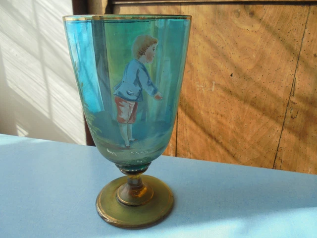 Ancien Grand verre émaillé à pied Georges Sand fin xixème magnifique