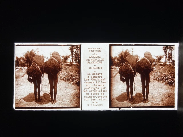 JEUNES FILLES OUBANGUI PLAQUE VERRE 45x107 VUE STEREOSCOPIQUE VERASCOPE RICHARD
