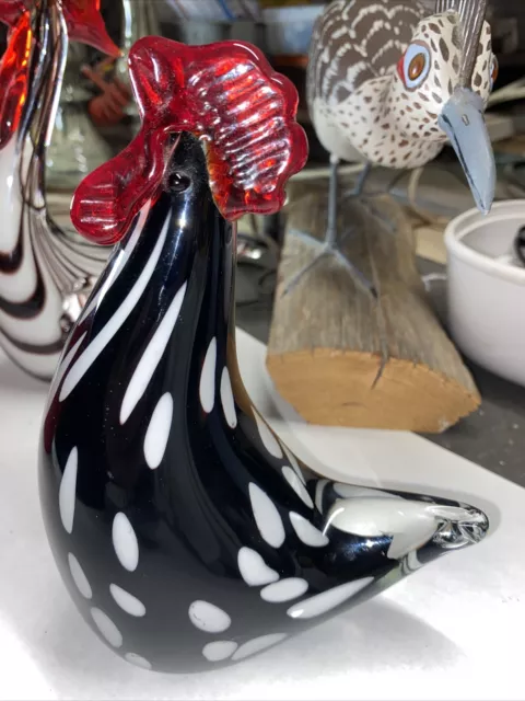 Vintage Murano Style Black White Hand Blown Art Glass Rooster - 7x5” 3pounds MCM