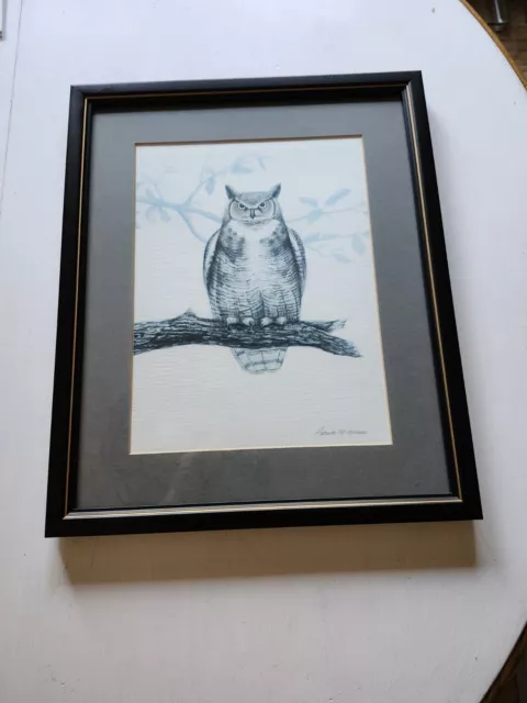 Patrick McManus art print framed, matted & under glass Owl sitting on limb