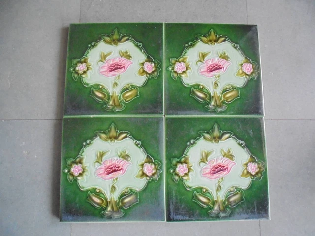 4 Pc Vintage Flower Design Embossed H&R Johnson Ceramic Tiles,England