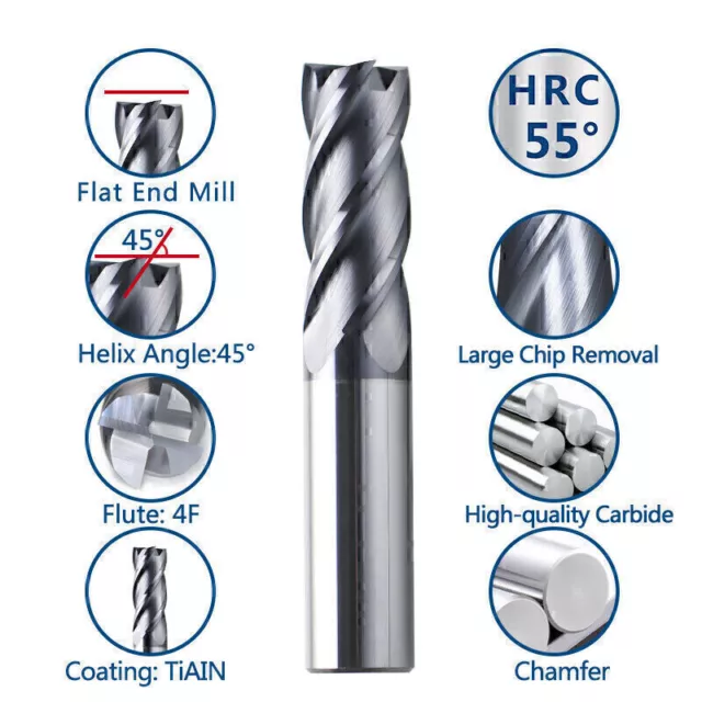 1-20mm Dia. Carbide End Mill 4 Flute  HRC55 CNC Milling Cutter Drill Router Bit