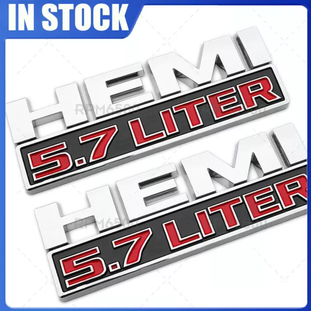 2Pc Hemi 5.7 LITER Side Fender Emblem Badges 3D Decal for RAM 1500 Chrome Red