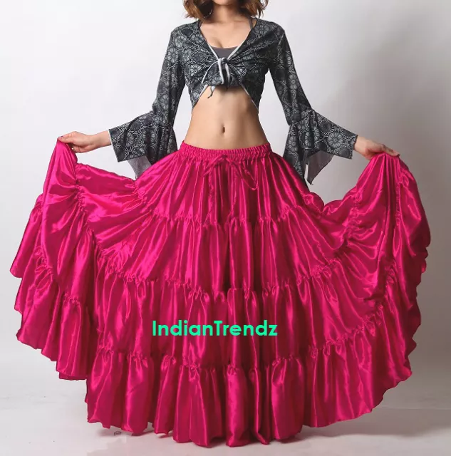 Deep Pink Satin 6 - 12 - 25 Yard 4 Tiered Gypsy Skirt Belly Dance Flamenco AUS