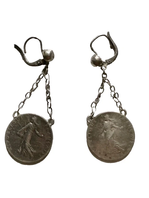 Boucles D'oreilles Anciennes Avec Pièces De 50 Centimes Argent 1912-1916 - Dormeuses, Occasion
