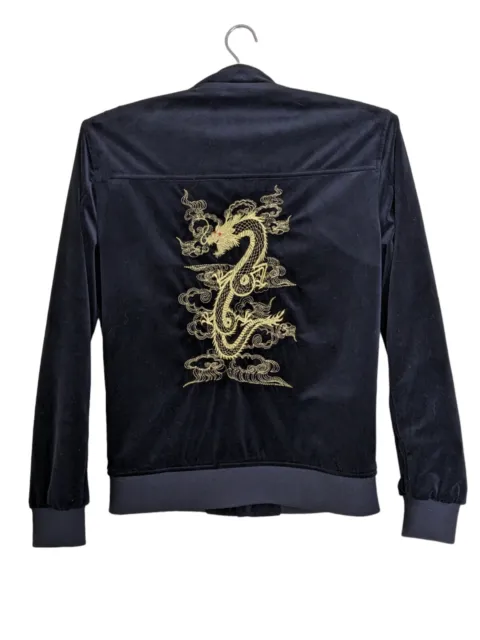 Zara Man Mens M Velvet Bomber Jacket Embroidered Dragon Black Metallic Gold Trim