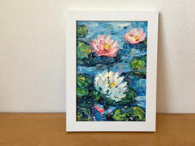Water Lilies Pond Impasto Oil Painting On Canvas Board Lotus Wall Art Decor