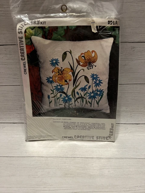 Funda de almohada de colección Creative Stitchery Crewel lirios tigre #894A de lote antiguo